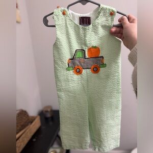 Green Seersucker Overalls with Truck and Pumpkin Design